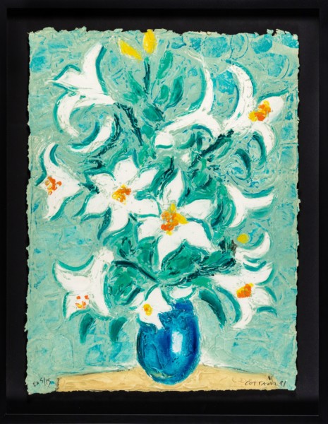 COTTAVOZ-FLEURS BLANCHES POT BLEU-litho relief-75,3X56,5 